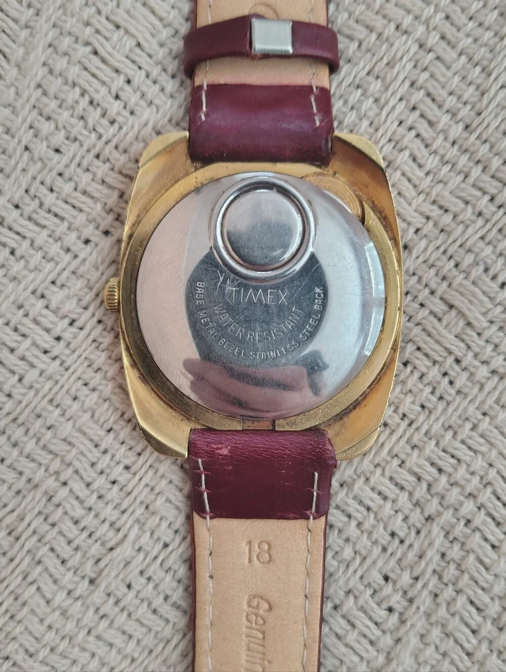 Vintage Timex Gold-Tone Electronic Watch with Burgundy Strap